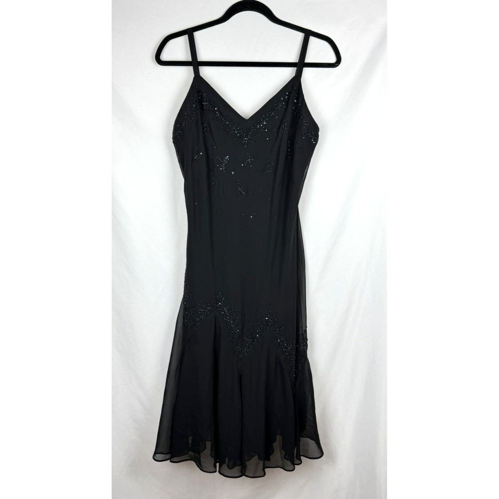 VTG R&M Richards 90s Black Beaded Midi Dress Size 14 Slip Whimsigoth Fairy Goth